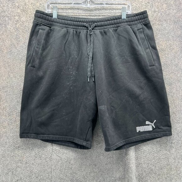 Puma Shorts Mens XL Black White Elastic Waist Spell Out Logo Extra Large Fleece - Picture 1 of 10